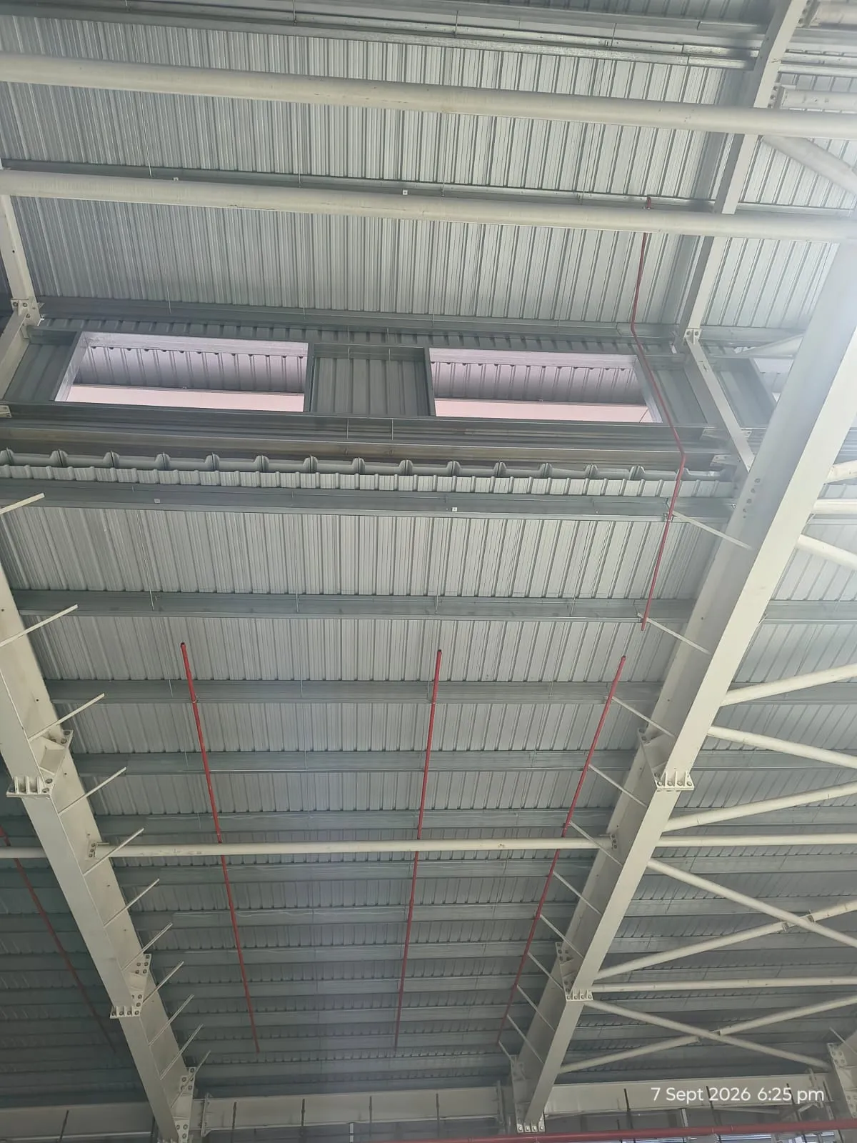 Branch lines set out against the roof deck and purlins at a Pou Chen building