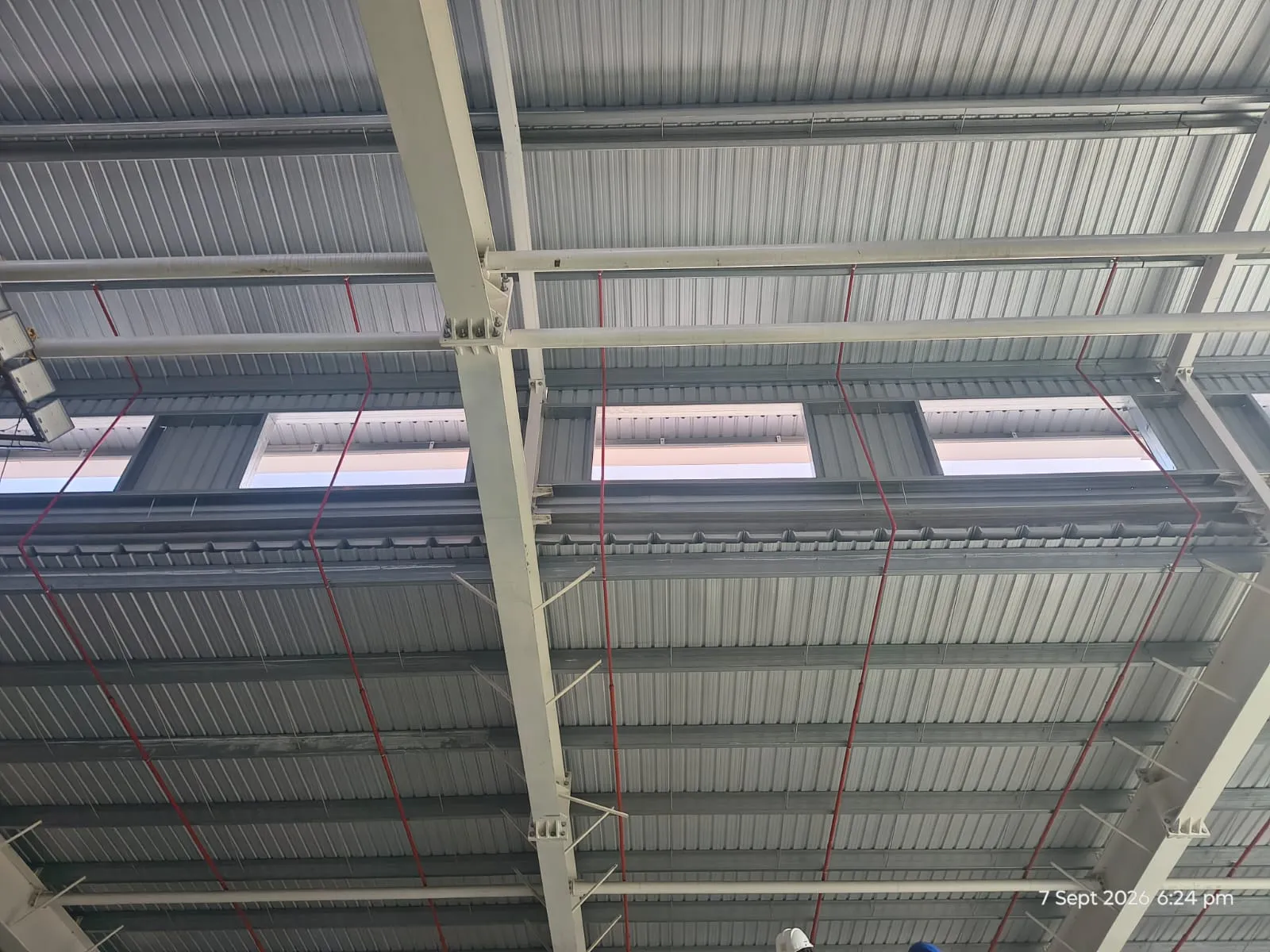 Sprinkler branch lines running between rooflights at a Pou Chen building