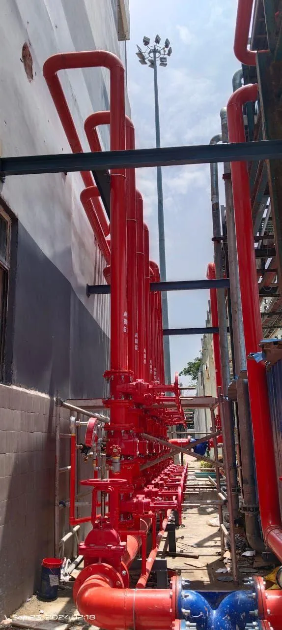 External fire main and riser standpipes running along the Foxconn building elevation